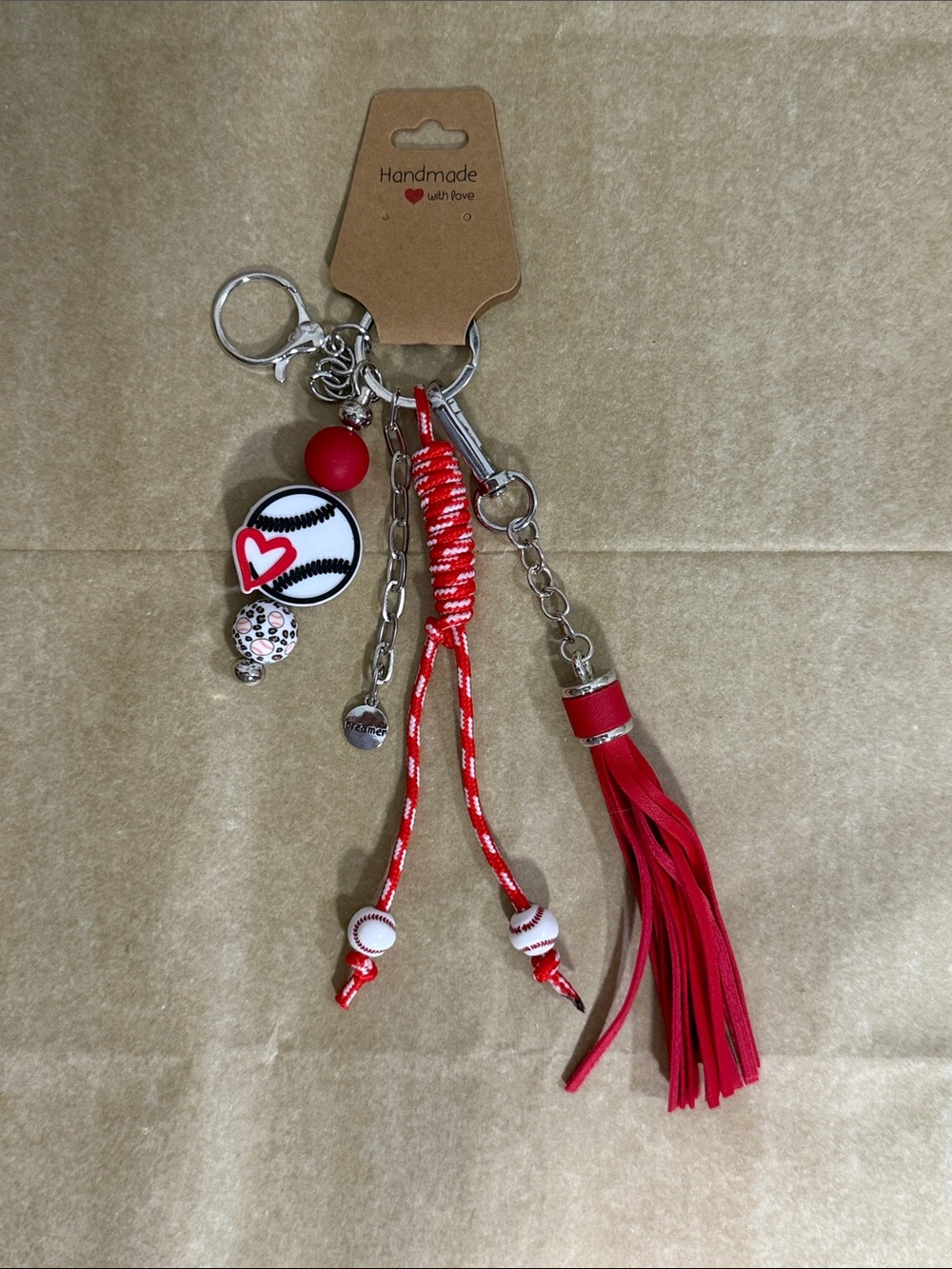 Handmade Red Baseball Tassel Keychain or Bag Charm